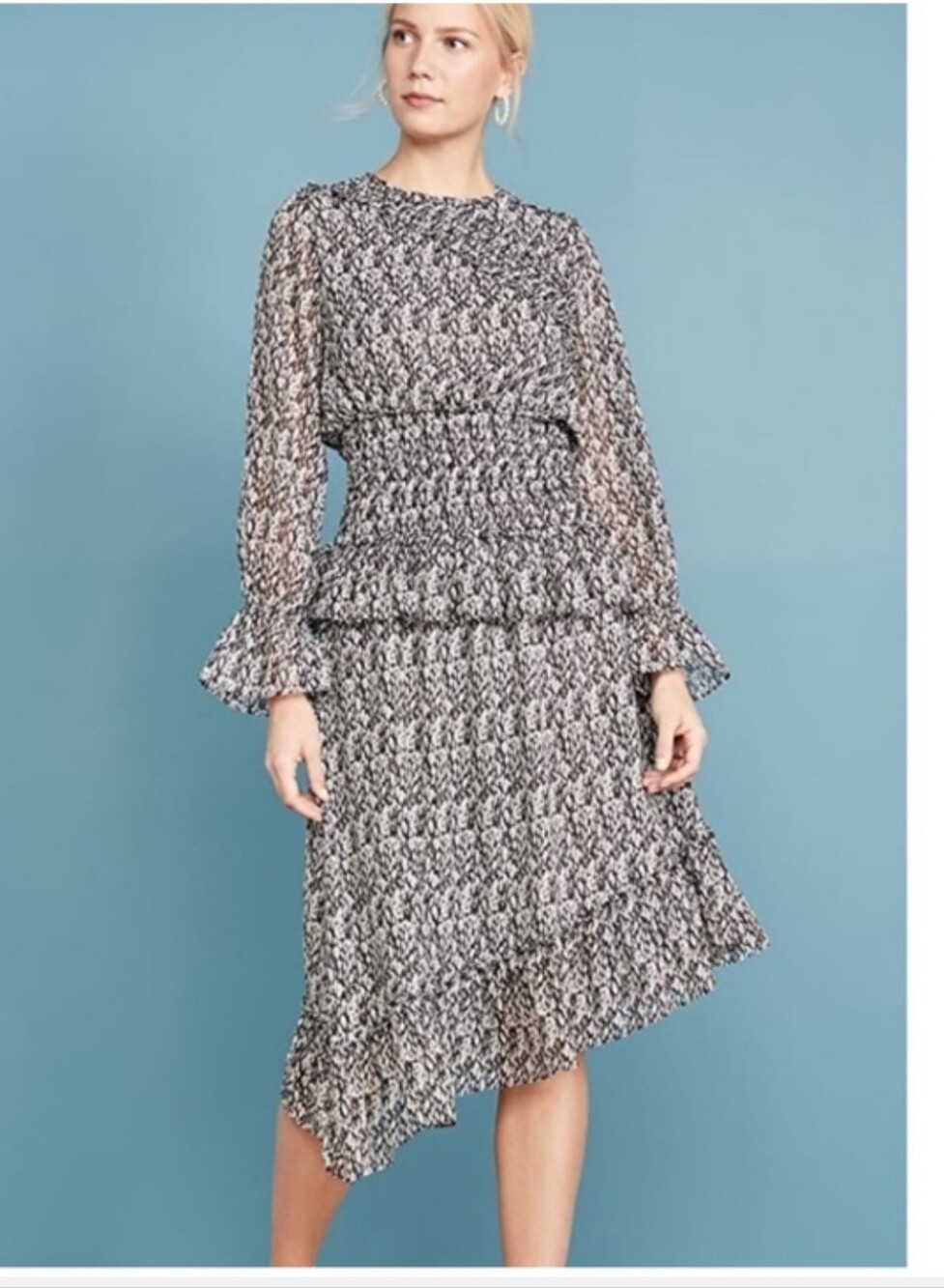 MISA Los Angeles Sophia Smocked Midi Dress Snake Print Boho Ruffle Long Sleeve